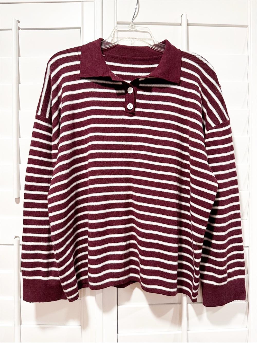 Women’s Burgundy & White Striped Collared Knit Sweater Polo Top L Soft Stretch